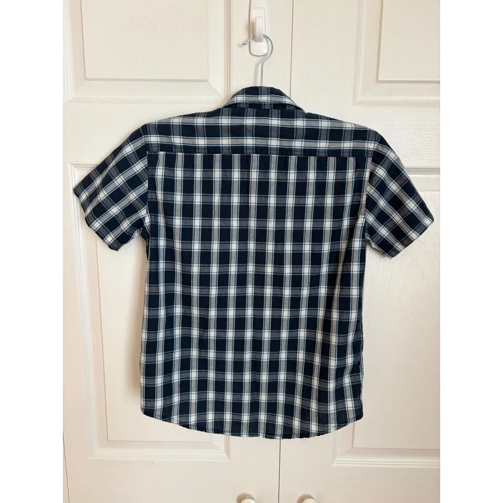 US Polo Assn Boy Navy Blue White Plaid Short Sleeve Button Down Shirt Size 10/12